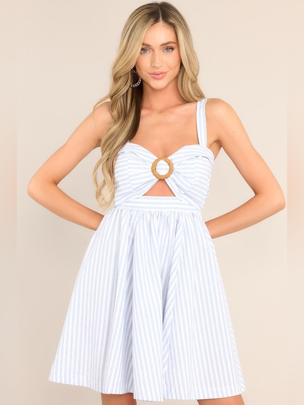Vici Light Blue and White Striped Mini Dress with Cutouts Back Tie. Size Small